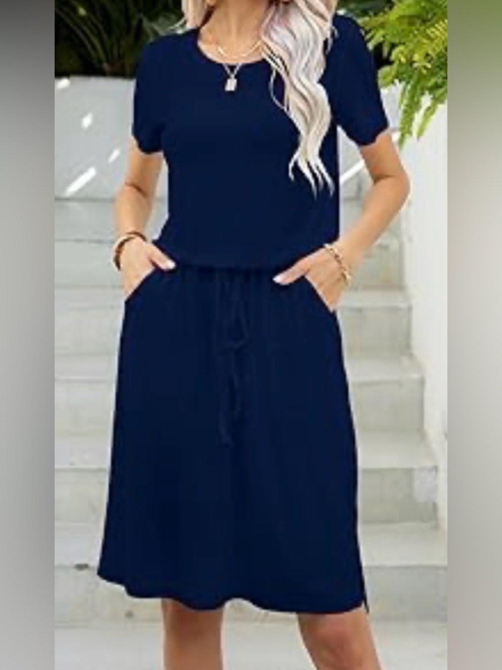 #z282 - Levaca Navy Blue Super Soft Drawstring Waist Casual Mini Tee Shirt Dress